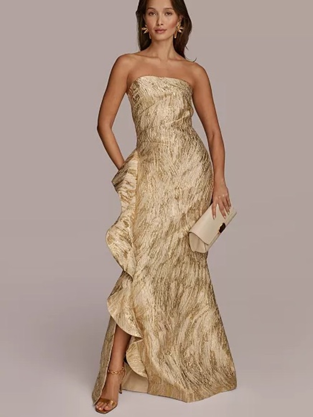 Donna Karan New York Metalic Ruffle Detail Strapless Gown. Size 6 Women #497